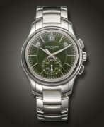 Patek Philippe. PATEK PHILIPPE, STAINLESS STEEL ANNUAL CALENDAR CHRONOGRAPH WRISTWATCH, WITH GREEN DIAL, REF. 5905/1A-001