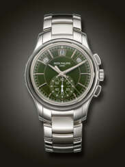 PATEK PHILIPPE, STAINLESS STEEL ANNUAL CALENDAR CHRONOGRAPH WRISTWATCH, WITH GREEN DIAL, REF. 5905/1A-001