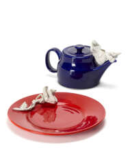 Ico Parisi. Blue ceramic teapot and red ceramic cake…
