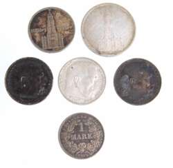 6 Silbermünzen Deutsche Reich 1914/38