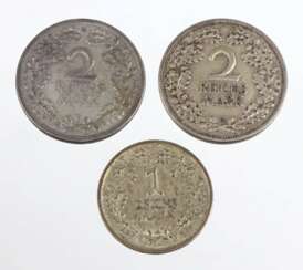 1 und 2 Reichsmark 1925 A und 1926 A, E
