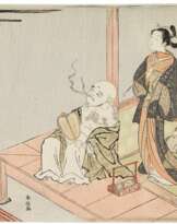 Suzuki Harunobu (1725-1770) | Courtesan with her attendant and Hotei viewing the moon | Edo period, 18th century
