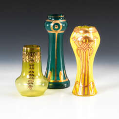 3 art Nouveau vases with gold painting.