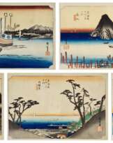 Utagawa Hiroshige (1797-1858) | Five woodblock prints from the series Fifty-three Stations of the Tokaido (Tokaido gojusan tsugi no uchi), also known as the First Tokaido or Great Tokaido | Edo period, 19th century