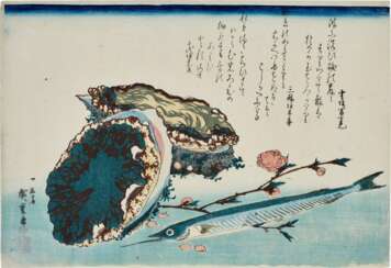 Utagawa Hiroshige (1797-1858) | Abalone, needlefish and peach blossoms | Edo period, 19th century