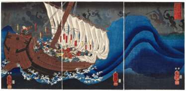 Utagawa Kuniyoshi (1797-1861) | The Ghosts of the Taira Attack Yoshitsune in Daimotsu Bay | Edo period, 19th century