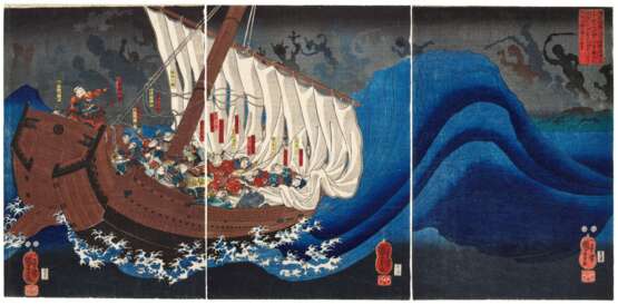 Utagawa Kuniyoshi (1797-1861) | The Ghosts of the Taira Attack Yoshitsune in Daimotsu Bay | Edo period, 19th century - Foto 1