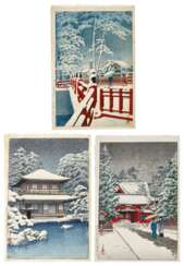 Kawase Hasui (1883-1957) | Three woodblock prints depicting snow scenes | Showa period, 20th century