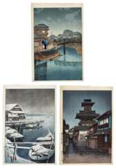 Kawase Hasui (1883-1957) | Three woodblock prints depicting night scenes | Showa period, 20th century
