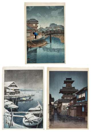 Kawase Hasui (1883-1957) | Three woodblock prints depicting night scenes | Showa period, 20th century - photo 1