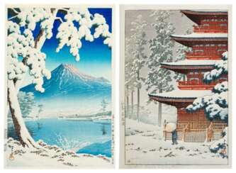 Kawase Hasui (1883-1957) | Two woodblock prints depicting snow scenes | Showa period, 20th century
