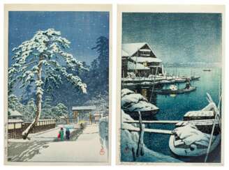 Kawase Hasui (1883-1957) | Two woodblock prints depicting snow scenes | Showa period, 20th century