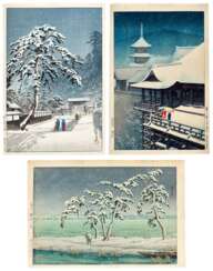 Kawase Hasui (1883-1957) | Three woodblock prints depicting snow scenes | Showa period, 20th century