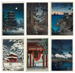 Tsuchiya Koitsu (1870-1949) | Six woodblock prints depicting shrines, temples and townscapes | Showa period, 20th century