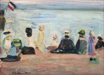 Maler um 1920 &quot;Strandansicht mit Personen&quot;, Öl/ Karton, undeutl. sign. u.l., 23,5x32 cm, Rahmen