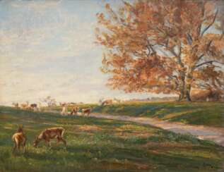 Lassen, Aksel Martin (1869-1946, Dänischer Maler) &quot;Rotwild in Landschaft&quot;, Öl/ Lw., sign. u.r. und dat. 1904, 36x47 cm, Rahmen