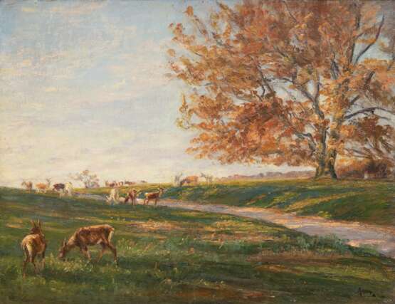 Lassen, Aksel Martin (1869-1946, Dänischer Maler) "Rotwild in Landschaft", Öl/ Lw., sign. u.r. und dat. 1904, 36x47 cm, Rahmen - Foto 1