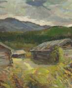 Graphiques. Nilssen, L. &quot;Berglandschaft mit Hütten&quot;, Öl/ Karton, sign. u.r. und dat. ´44, rückseitig mit Widmung dat. 7.4.1945, 40x49,5 cm, ungerahmt