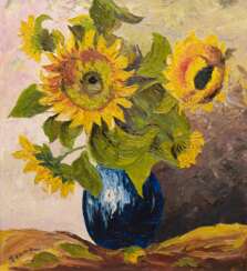 Deutscher Maler um 1930 &quot;Sonnenblumenstrauß in blauer Vase&quot;, Öl/ Lw., sign. &quot;Franz&quot; u.l., 70x60 cm, Rahmen
