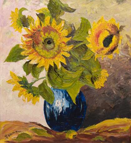 Deutscher Maler um 1930 "Sonnenblumenstrauß in blauer Vase", Öl/ Lw., sign. "Franz" u.l., 70x60 cm, Rahmen - фото 1