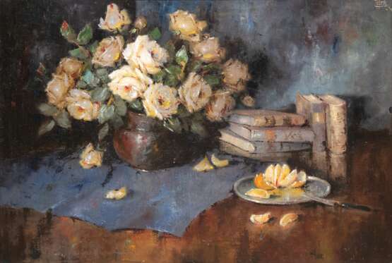 Fischer, Carl Holger (1885-1955, Dänischer Maler) "Blumenstilleben mit Rosenstrauß in Vase und Büchern", Öl/ Lw., 68x95 cm, Rahmen - photo 1