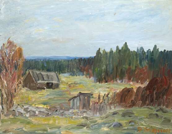 Dänischer Maler 20 Jh. "Waldhütte", Öl/ Lw., undeutl. sign. u.r., Farbverluste am linken Rand und im Himmel, 50x61 cm, Rahmen - Foto 1