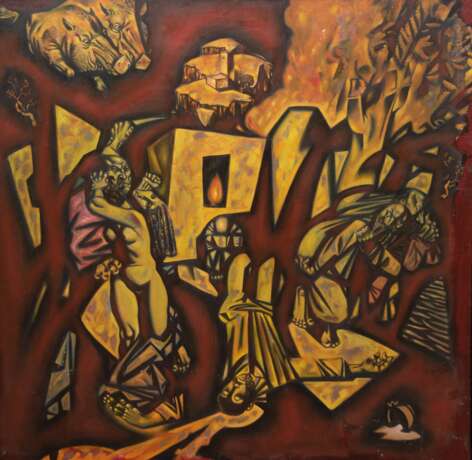 Schamejev, W. (20. Jh. Weißrußland) "Aggression", Öl/ Lw., rückseitig betitelt und datiert 1989, min. Farbverluste, 100x99 cm, Rahmen - фото 1