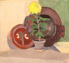 Kurz-Wilhelmi, Emma (1885 Dassow-1968 Kirchseeon, Mecklenburger Malerin) &quot;Stilleben mit Blumentopf und Geschirr&quot;, Aquarell, unsign., rückseitig Nachlaßstempel, 40x40 cm, ungerahmt