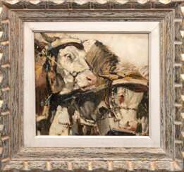 Zügel, Heinrich von (1850 Murrhardt-1941 München) &quot;Zwei Ochsen&quot;, Öl/ Mp., sign. u.r., 29x31 cm, Rahmen (Er war ein deutscher Maler. Bekannt sind seine zum Teil opulenten Darstellungen von heimischen Tieren, die auch in der Großen Deutsc…