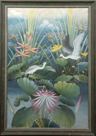 Asiatischer Künstler "Teichlandschaft mit Vögeln", Mischtechnik auf Leinen, sign. u.l. "Susila Bali", rückseitig dat. ´95, 67,5x45 cm, Rahmen - Foto 1