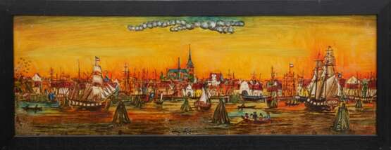"Ansicht von Rostock 1844", Hinterglasmalerei, undeutl. sign. u.r., 20x60 cm, Rahmen - Foto 1