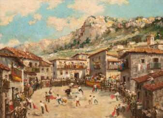 Pradilla-Gonzalez, Miguel (1884 Rom-1965 Madrid) &amp;quot;Stierkampf auf einem spanischen Marktplatz&amp;quot;, Öl/Holzpaneel, sign. u.l., 28x35,5 cm, Rahmen