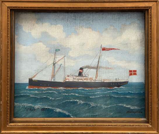 Paar Kapitänsbilder "Carolina 1920" und "Thor-1877", Öl/ Lw./ Holz, 1x sign. und 1x monogr. "A.S.", je 22x28,5 cm, hinter Glas und Rahmen - Foto 2