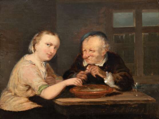 Maler um 1700 "Bauernpaar in der Küche", Öl/ Holz. sign. "H.A.Bles" u.r., 22x28 cm, Rahmen - Foto 1