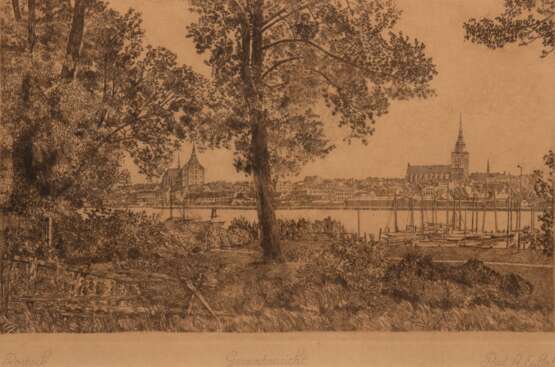 Eulert, Albert (1890 Rostock-1846 Wismar) "Rostocker Ansicht", Radierung, 29x40 cm, hinter Glas und Rahmen - photo 1
