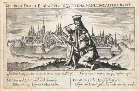 Meisner, Daniel (1585-1625) "Lübeck", Kupferstich um 1628, aus Meisner´s Schatzkästlein, Alterspuren, 10,5x16 cm, im Passepartout hinter Glas und Rahmen - фото 1