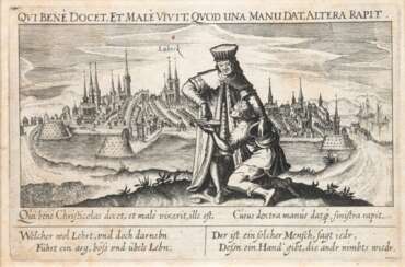 Meisner, Daniel (1585-1625) &amp;quot;Lübeck&amp;quot;, Kupferstich um 1628, aus Meisner´s Schatzkästlein, Alterspuren, 10,5x16 cm, im Passepartout hinter Glas und Rahmen