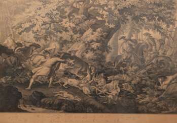 wohl Ridinger, Johann Elias (1698 Ulm-1767 Augsburg) &quot;Parforcejagd eines Hirschen und wie er erlegt wird&quot;, Kupferstich, 48x72 cm, hinter Glas und Rahmen