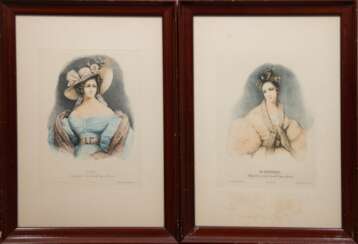 Lassalle, Emile (1813 Bodeaux-1871 Paris) Paar Lithographien &amp;quot;Elegante Damen&amp;quot;, leicht stockfleckig, je 41x28,5 cm, hinter Glas und Rahmen