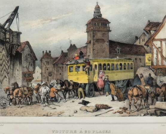 Motte, Ch. "Reisende vor Kutsche", Litho, mittig unten betitelt, 18,5x21 cm, im Passepartout hinter Glas und Rahmen - фото 1