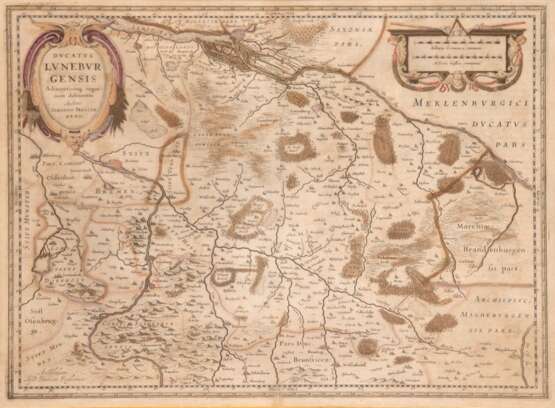 Karte "Ducatus Luneburgensis Adiacentiumq-Lüneburg", Kupferstich nach Johannes Mellinger, mit 2 Titelkartuschen und Meilenanzeige, 40x50,5 cm, hinter Glas und Rahmen - фото 1
