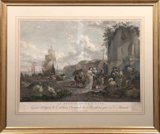 Alimet, Jaques (1726 Abbeville-1788 Paris) "Le Rachat de L´Esclave", kolorierter Stich, nach einem Gemälde von Nicolas Berchem, knickfaltig, fleckig, 51x64 cm, im Passepartout hinter Glas und Rahmen - Foto 1