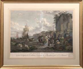 Alimet, Jaques (1726 Abbeville-1788 Paris) &quot;Le Rachat de L´Esclave&quot;, kolorierter Stich, nach einem Gemälde von Nicolas Berchem, knickfaltig, fleckig, 51x64 cm, im Passepartout hinter Glas und Rahmen