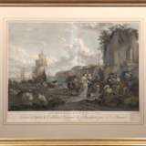 Alimet, Jaques (1726 Abbeville-1788 Paris) "Le Rachat de L´Esclave", kolorierter Stich, nach einem Gemälde von Nicolas Berchem, knickfaltig, fleckig, 51x64 cm, im Passepartout hinter Glas und Rahmen - photo 1