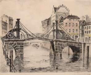 Buchholz, U. &quot;Brücke in Berlin&quot;, Radierung handkoloriert, mit Bleistift sign. u.r., 20x24,5 cm, hinter Glas und Rahmen