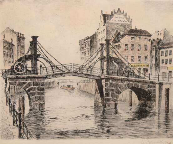 Buchholz, U. "Brücke in Berlin", Radierung handkoloriert, mit Bleistift sign. u.r., 20x24,5 cm, hinter Glas und Rahmen - Foto 1