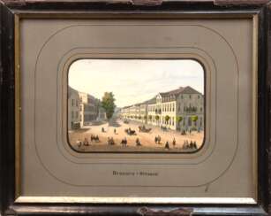 Biedermeier-Stich &quot;Brunnen-Strasse&quot;, um 1820, koloriert, 7,5x10,5 cm, hinter Glas und Rahmen