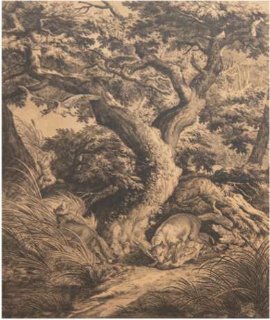 Ridinger, Johann Elias (1698-1767) "Füchse beim Fressen auf der Jagd", Kupferstich, unterhalb "Spuhr eines flüchtigen Fuchsen" und "Fährte starcken trabenden Fuchsen", vergilbt, am rechten und oberen Rand eingerissen … - photo 1