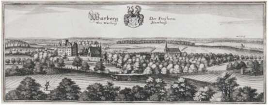 "Warberg - Der Freyherrn Stamhaus", Kupferstich, 19. Jh., Wappen und Titel m.o., Mittelbug, 15,5x36 cm, im Passepartout und Rahmen - photo 1