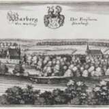 "Warberg - Der Freyherrn Stamhaus", Kupferstich, 19. Jh., Wappen und Titel m.o., Mittelbug, 15,5x36 cm, im Passepartout und Rahmen - photo 1